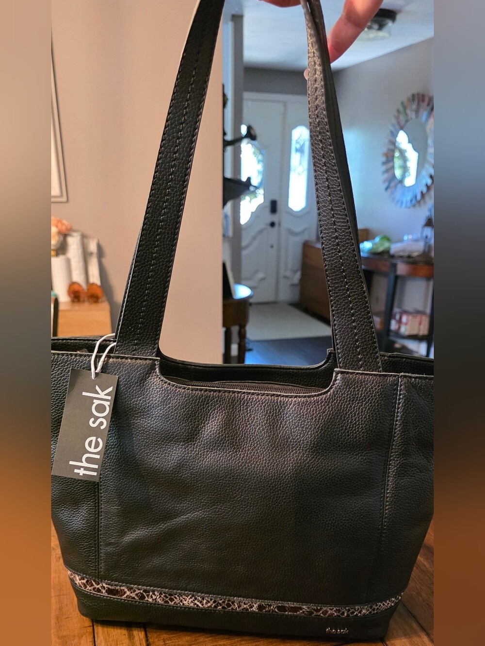 The Sak Black Leather Tote with Snakeskin Trim